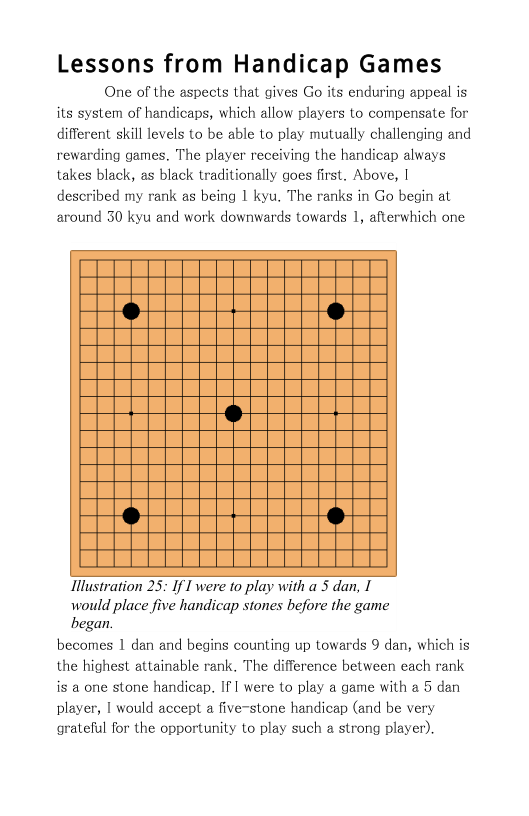 Lessons from Handicap Games  One of the aspects that gives Go its enduring appeal is its system of handicaps, which allow players to compensate for different skill levels to be able to play mutually challenging and rewarding games. The player receiving the handicap always takes black, as black traditionally goes first. Above, | described my rank as being 1 kyu. The ranks in Go begin at around 30 kyu and work downwards towards 1, afterwhich one  Ilustration 25: If I were to play with a 5 dan, I  would place five handicap stones before the game  began. becomes 1 dan and begins counting up towards 9 dan, which is the highest attainable rank. The difference between each rank is a one stone handicap. If 1 were to play a game with a 5 dan player, | would accept a five-stone handicap (and be very grateful for the opportunity to play such a strong player). 